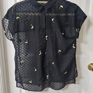 A New Day Black Sheer Swiss Dot Toucan Embroidered Button Down Shirt Size S